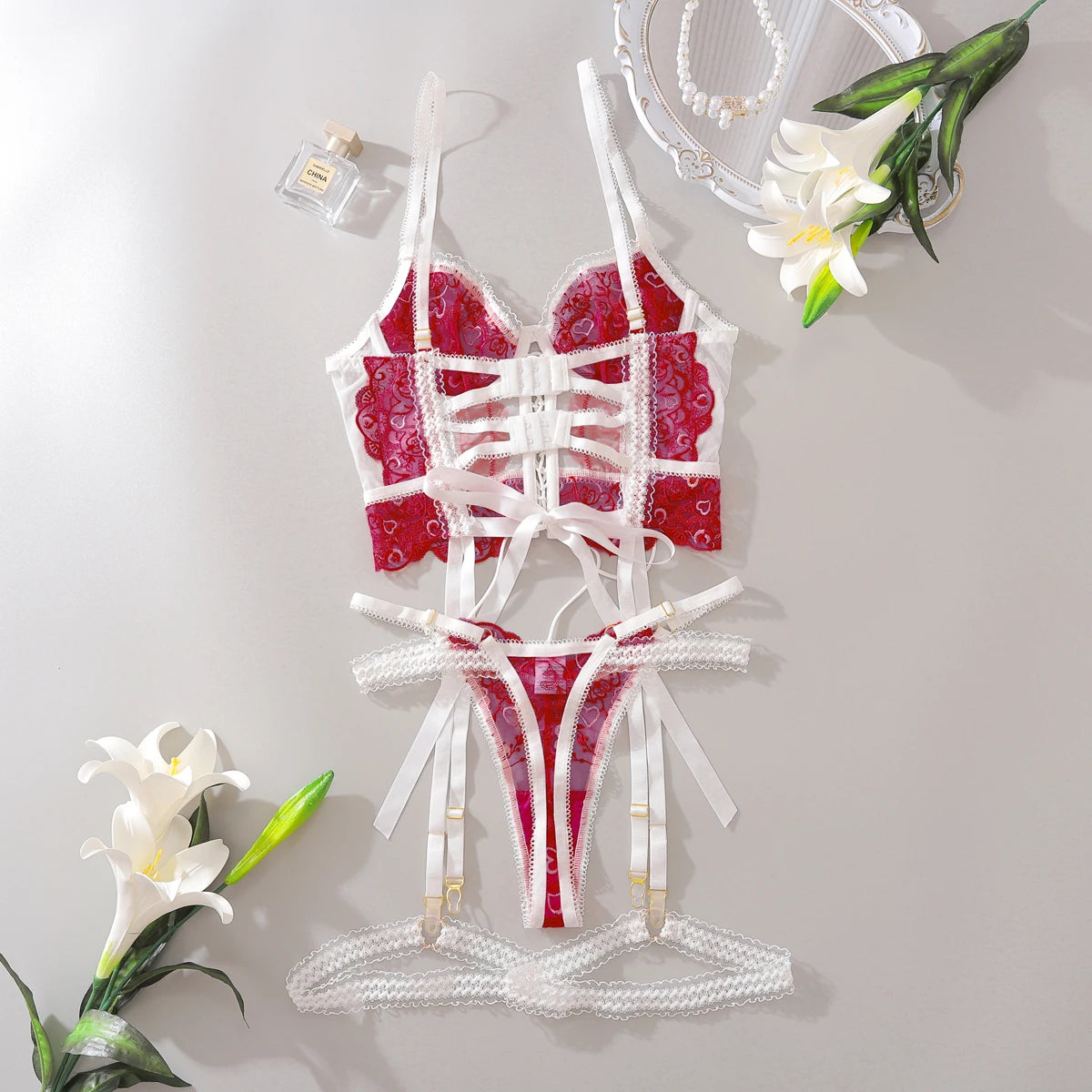 Ellolace Fancy Daring Lingerie Woman Delicate Luxury Intimate Lace Up Lace Youth Sexy Outfits Heart Valentine Exotic Sets