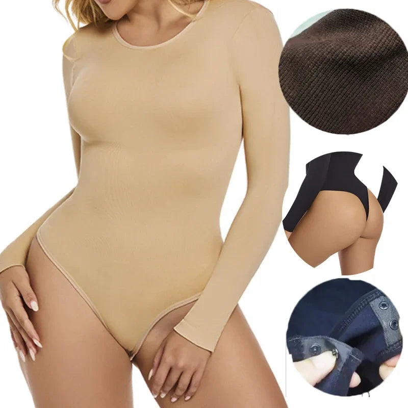 GUUDIA Long Sleeve Bodysuit Seamless Ribbed Tummy Control Bodysuit Crew Neck Basic Slim Fit Thong Shapewear Tops Fall Winter