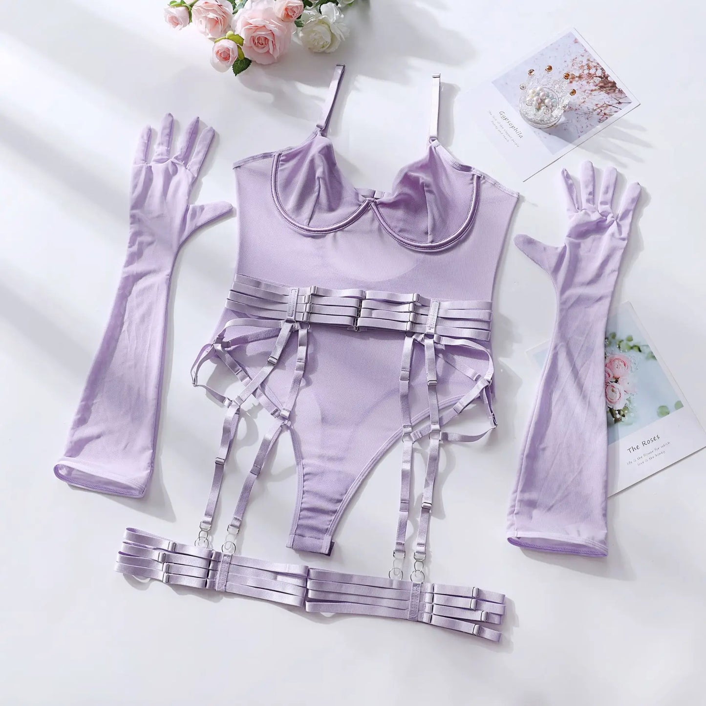 Ellolace Tight Fitting Lace Bodysuit Sexy See Through Erotic Body With Gloves Garter Night Club Outfit Sissy Crotchless Mesh Top