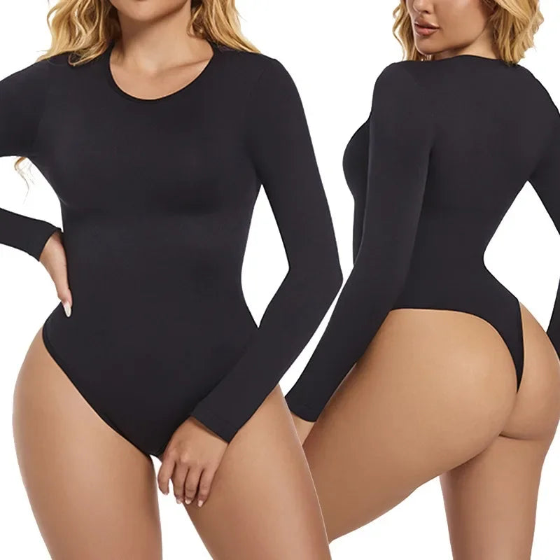 GUUDIA Long Sleeve Bodysuit Seamless Ribbed Tummy Control Bodysuit Crew Neck Basic Slim Fit Thong Shapewear Tops Fall Winter