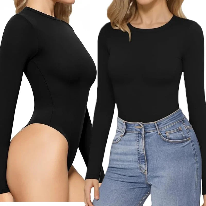 GUUDIA Long Sleeve Bodysuit Seamless Ribbed Tummy Control Bodysuit Crew Neck Basic Slim Fit Thong Shapewear Tops Fall Winter
