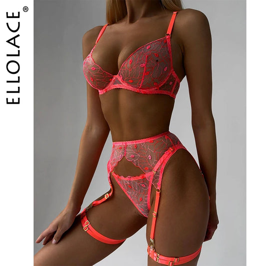 Ellolace Fancy Erotic Lingerie Neon Orange Lace Well-Looking Underwear Desire Hot Girl Fantasy Sexys Naked Bilizna Set Of Sex