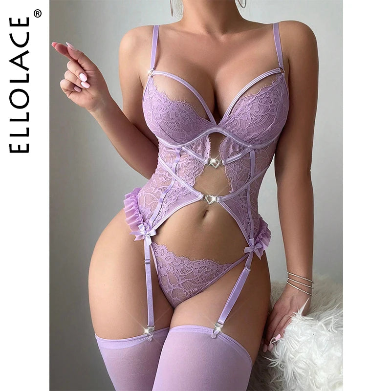 Ellolace Fancy Lace Lingerie Hollow Seductive Underwear Romantic Lavender Ensemble Lingerie Femmes Delicate Adult Costume