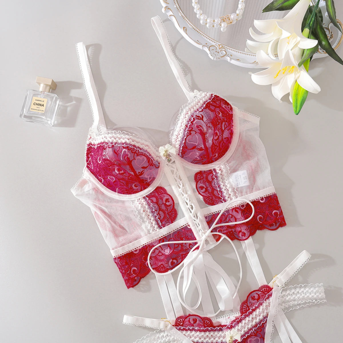 Ellolace Fancy Daring Lingerie Woman Delicate Luxury Intimate Lace Up Lace Youth Sexy Outfits Heart Valentine Exotic Sets