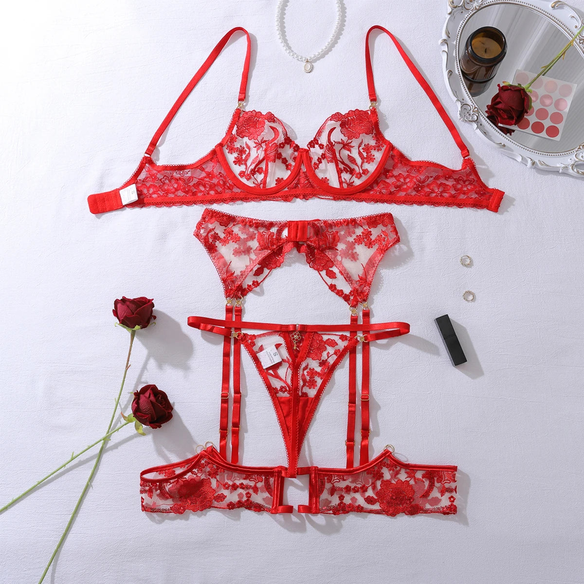 Ellolace Intimate Sexy Female Lingerie Sparkling Red Sequin Honey 5PC Set Charming Jewel Boudoir Women's Underwear Burning Hot