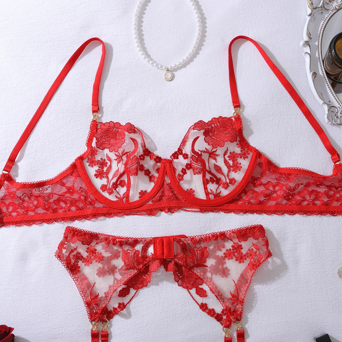 Ellolace Intimate Sexy Female Lingerie Sparkling Red Sequin Honey 5PC Set Charming Jewel Boudoir Women's Underwear Burning Hot