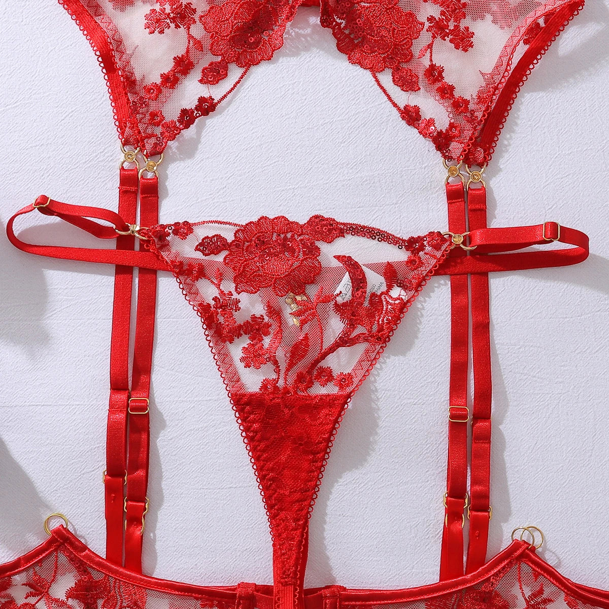 Ellolace Intimate Sexy Female Lingerie Sparkling Red Sequin Honey 5PC Set Charming Jewel Boudoir Women's Underwear Burning Hot