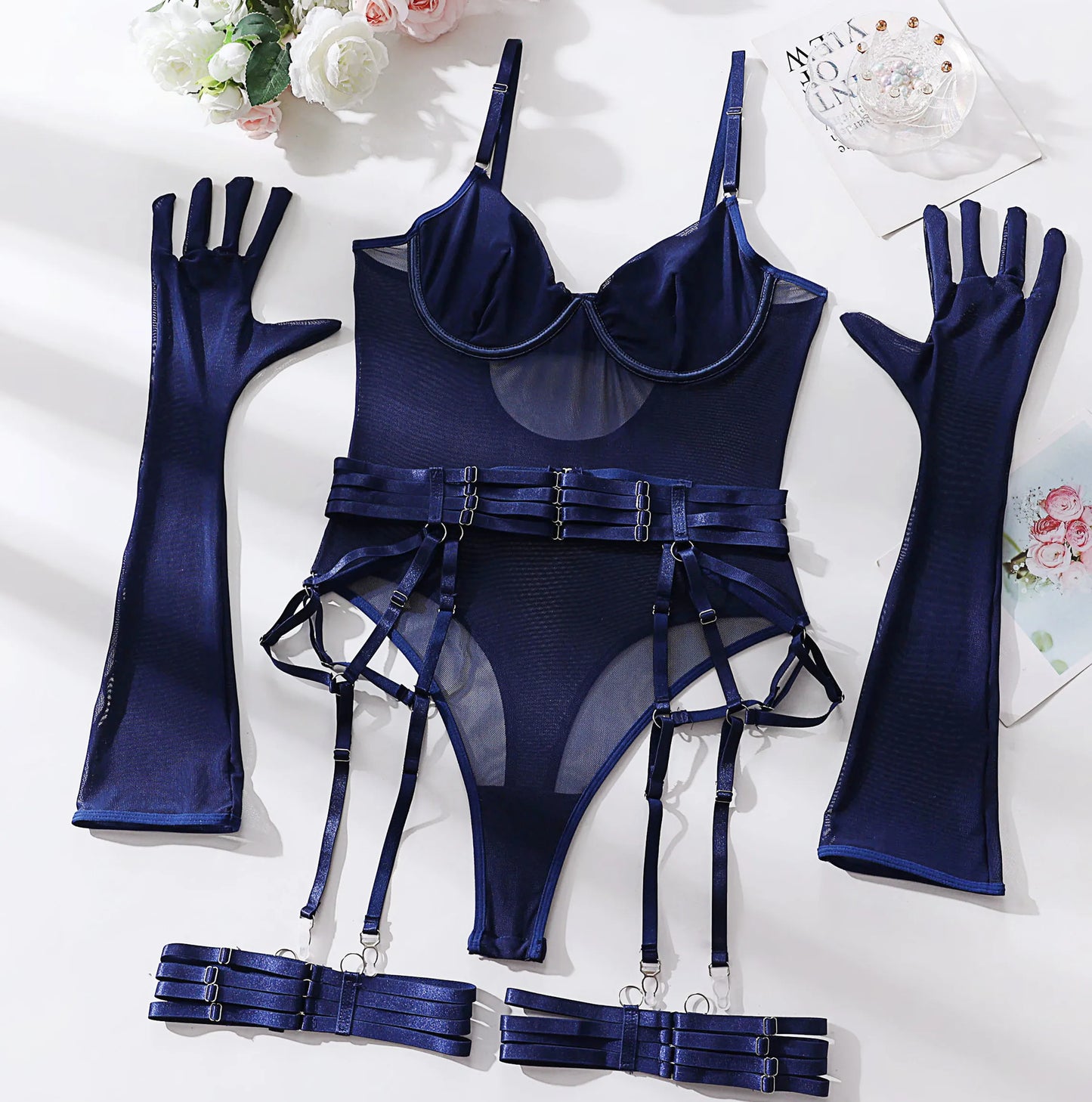 Ellolace Tight Fitting Lace Bodysuit Sexy See Through Erotic Body With Gloves Garter Night Club Outfit Sissy Crotchless Mesh Top