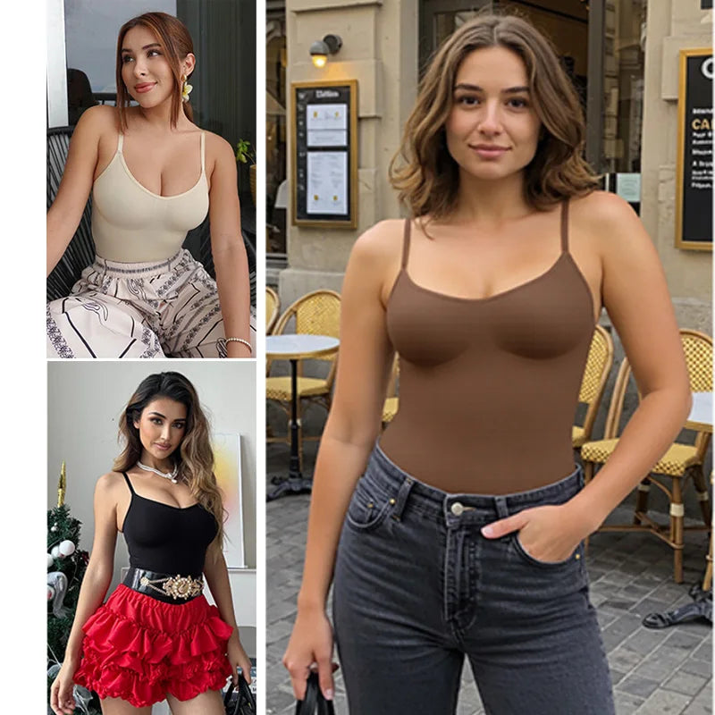 GUUDIA V Neck Spaghetti Strap Bodysuits Compression Body Suits Open Crotch Shapewear Slimming Body Shaper Smooth Out Bodysuit
