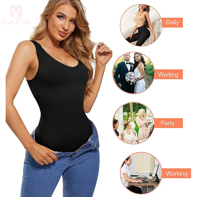 GUUDIA Sexy Thong Deep U Neck Smooth Out Stretchy Softness Shapewear Bodysuits WomenTank Tops Compression Body Shapers Jumpsuit
