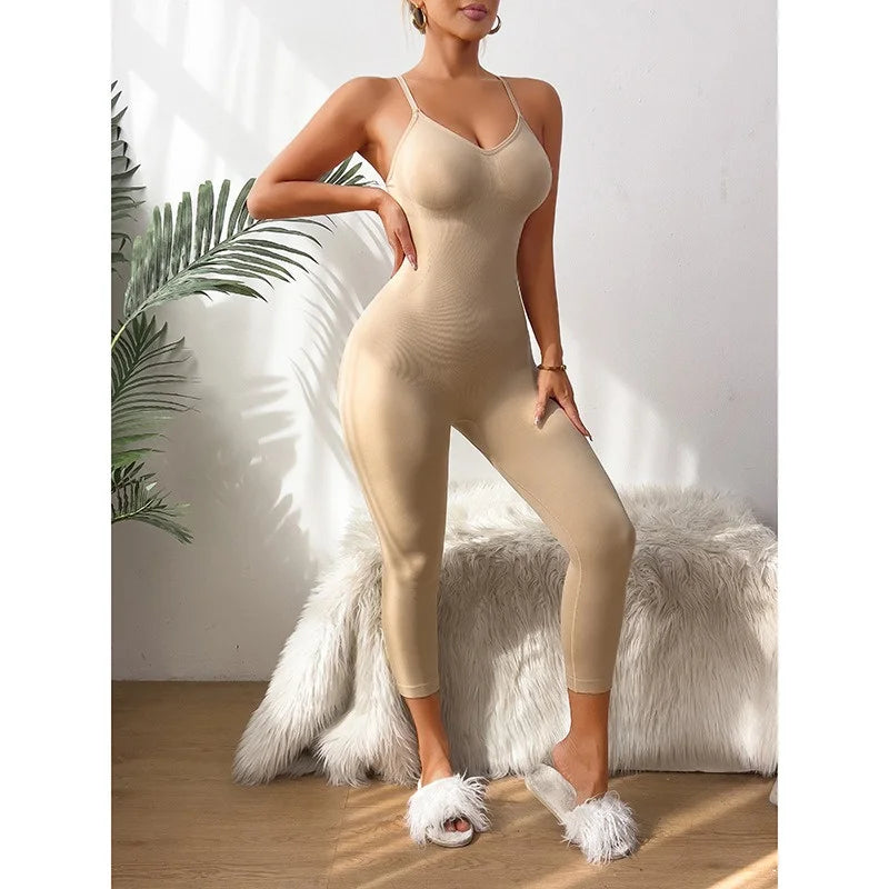 GUUDIA Adjustable Spaghetti Strap Yoga Jumpsuit Tummy Control Leggings Romper Seamless Jumpsuit Yoga Ribbed Bodycon One Piece