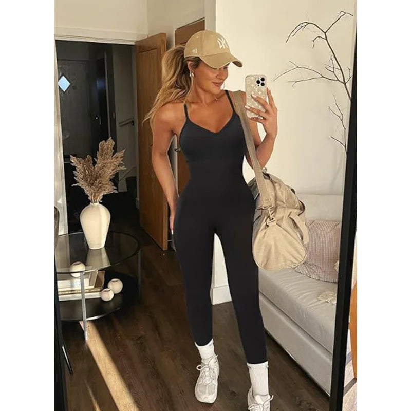 GUUDIA Adjustable Spaghetti Strap Yoga Jumpsuit Tummy Control Leggings Romper Seamless Jumpsuit Yoga Ribbed Bodycon One Piece