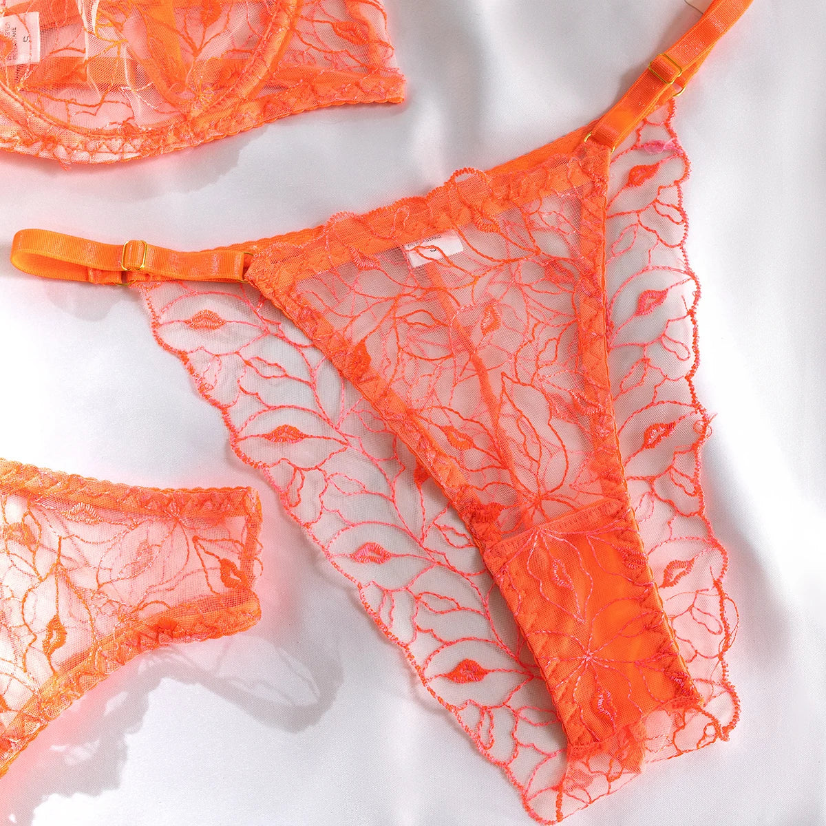 Ellolace Fancy Erotic Lingerie Neon Orange Lace Well-Looking Underwear Desire Hot Girl Fantasy Sexys Naked Bilizna Set Of Sex