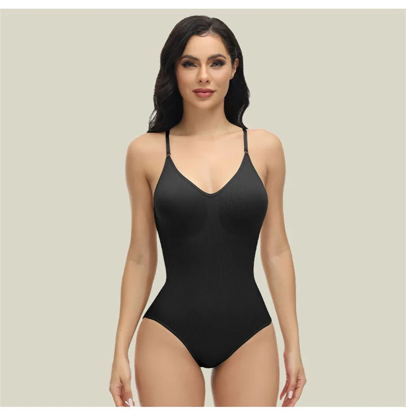 GUUDIA V Neck Spaghetti Strap Bodysuits Compression Body Suits Open Crotch Shapewear Slimming Body Shaper Smooth Out Bodysuit