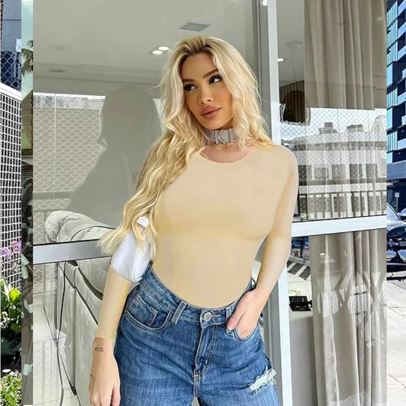 GUUDIA Long Sleeve Bodysuit Seamless Ribbed Tummy Control Bodysuit Crew Neck Basic Slim Fit Thong Shapewear Tops Fall Winter