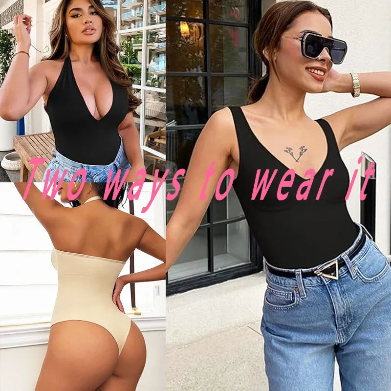 GUUDIA Sexy V Neck Bodysuit Thong Tummy Control Bodysuit Seamless Ribbed Bodysuit 2 Shoulder Straps Basic Tank Top Bodysuits