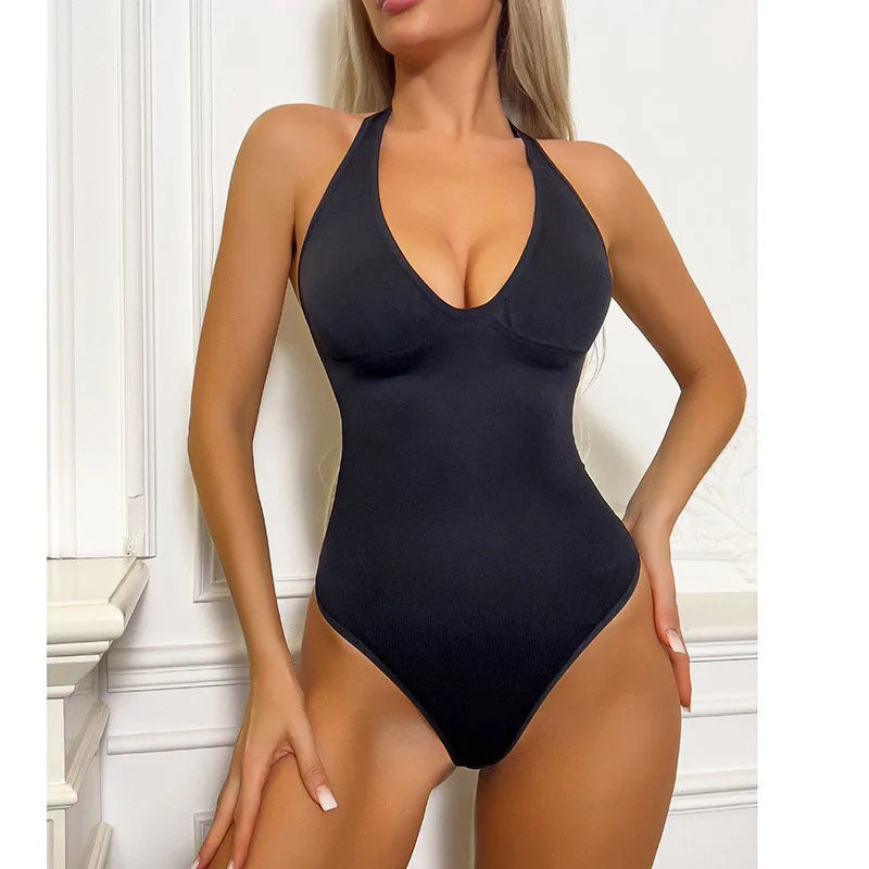 GUUDIA Sexy V Neck Bodysuit Thong Tummy Control Bodysuit Seamless Ribbed Bodysuit 2 Shoulder Straps Basic Tank Top Bodysuits