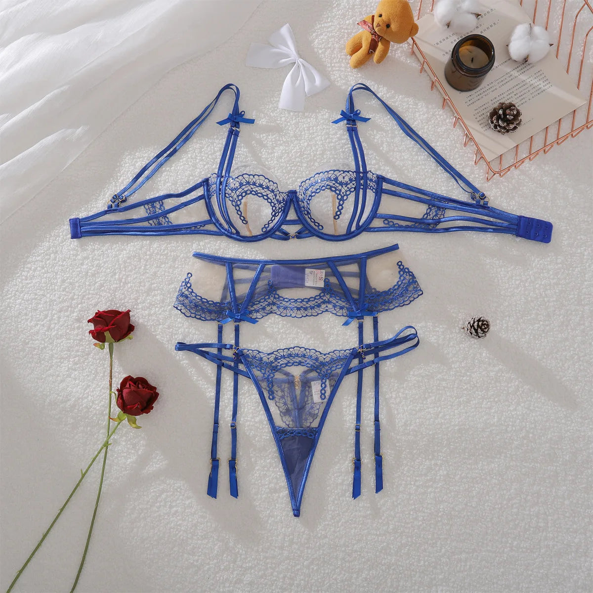 Ellolace 2025 Sexy Woman Underwear Premium Lingeries Sexy Hot Fantasy Bowknot Diamond Girl 3PCS Set Honey Embroidered Sheer Suit