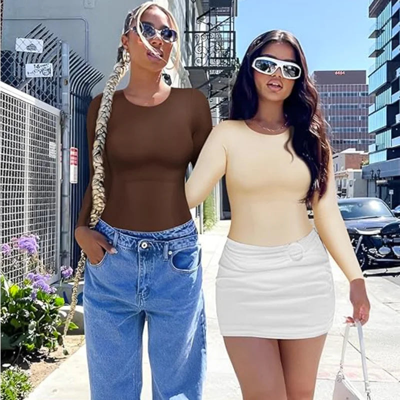 GUUDIA Long Sleeve Bodysuit Seamless Ribbed Tummy Control Bodysuit Crew Neck Basic Slim Fit Thong Shapewear Tops Fall Winter