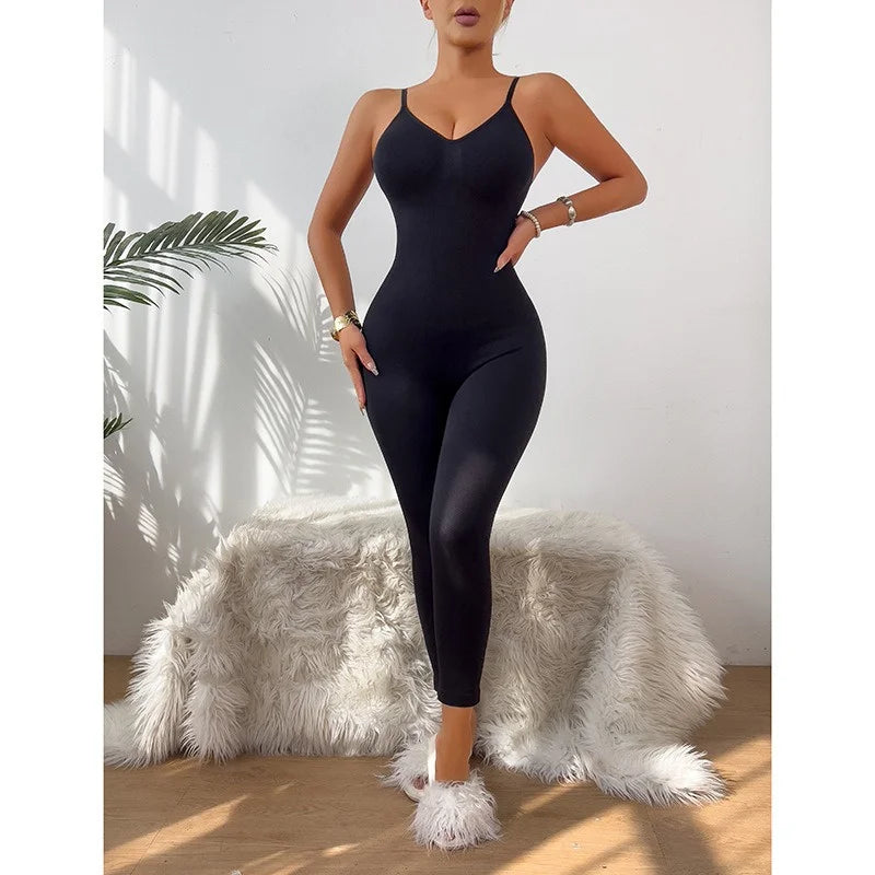 GUUDIA Adjustable Spaghetti Strap Yoga Jumpsuit Tummy Control Leggings Romper Seamless Jumpsuit Yoga Ribbed Bodycon One Piece