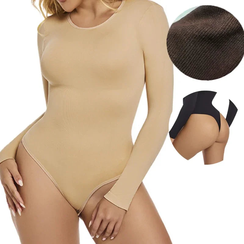 GUUDIA Long Sleeve Bodysuit Seamless Ribbed Tummy Control Bodysuit Crew Neck Basic Slim Fit Thong Shapewear Tops Fall Winter