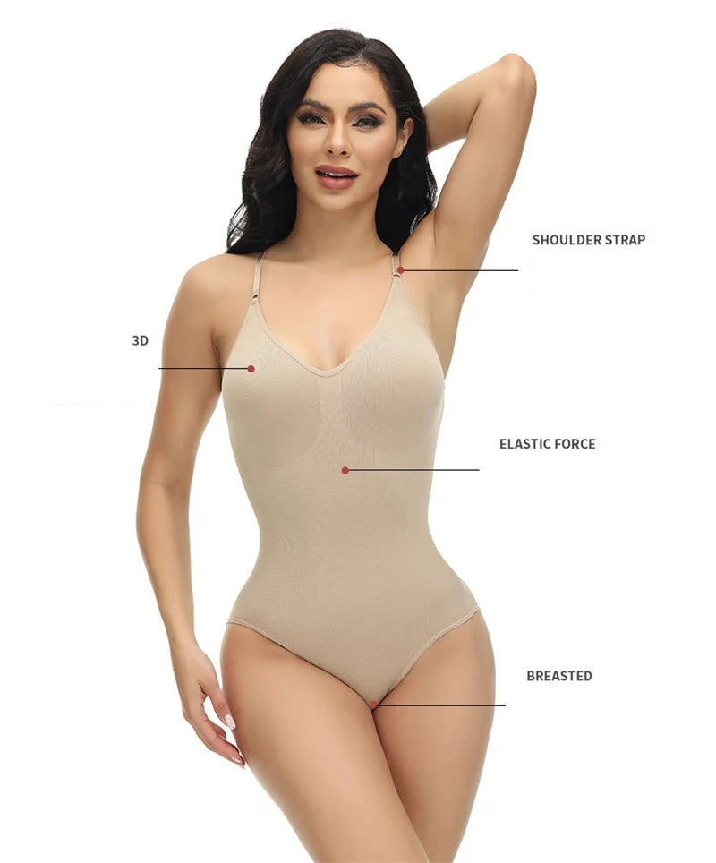 GUUDIA V Neck Spaghetti Strap Bodysuits Compression Body Suits Open Crotch Shapewear Slimming Body Shaper Smooth Out Bodysuit