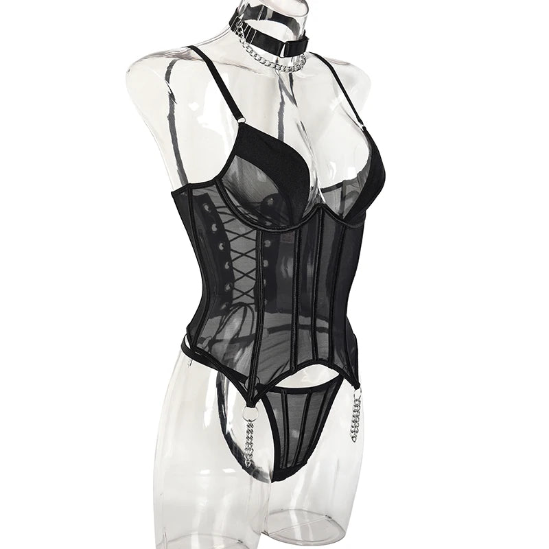 Ellolace Fancy Lingerie Backless Lace Up Corset Set Seamless Underwear 3-Piece Bra Kit Push Up Exotic Sets Black Fine Intimate