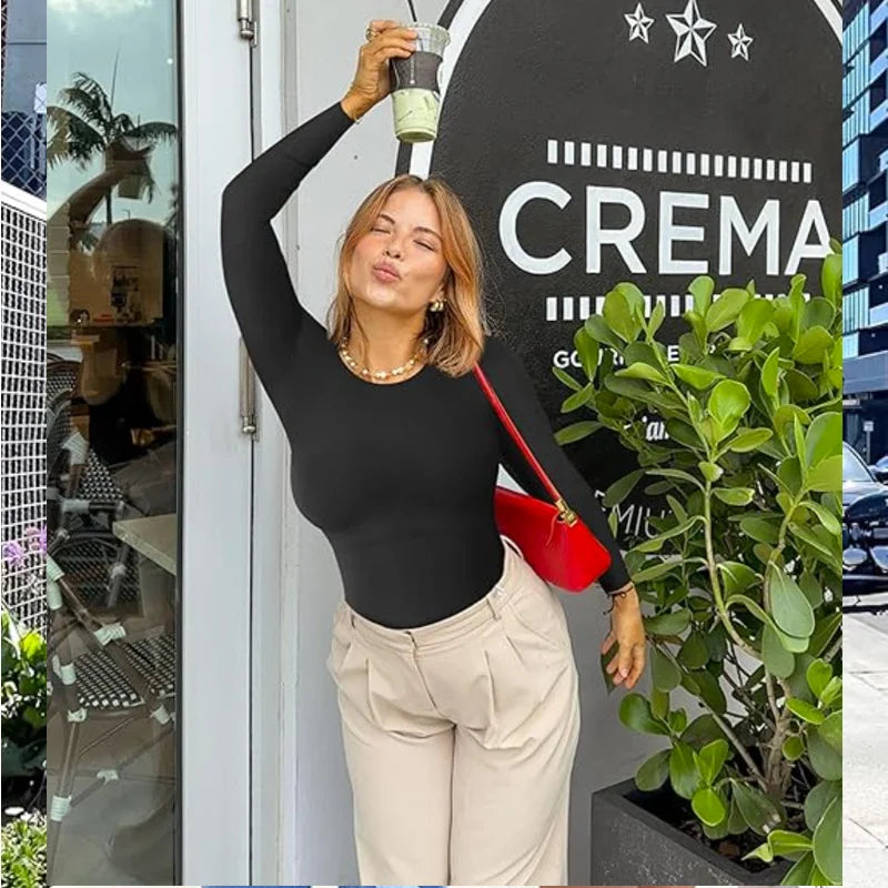 GUUDIA Long Sleeve Bodysuit Seamless Ribbed Tummy Control Bodysuit Crew Neck Basic Slim Fit Thong Shapewear Tops Fall Winter
