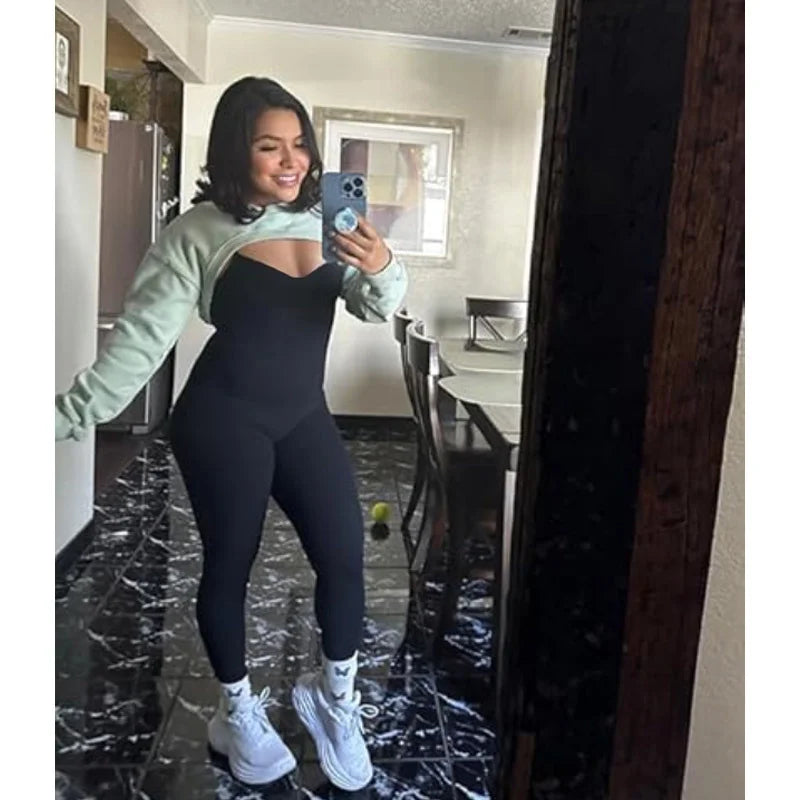 GUUDIA Adjustable Spaghetti Strap Yoga Jumpsuit Tummy Control Leggings Romper Seamless Jumpsuit Yoga Ribbed Bodycon One Piece