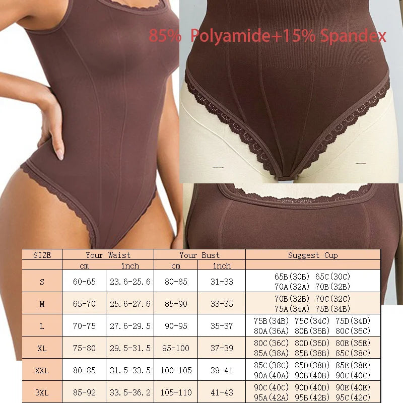 GUUDIA Tank Bodysuit Lace Square Neck Shapewear Bodysuit Tank Top Bodysuits Tummy Control Thong Cami Bodysuit Tops Wide Strap