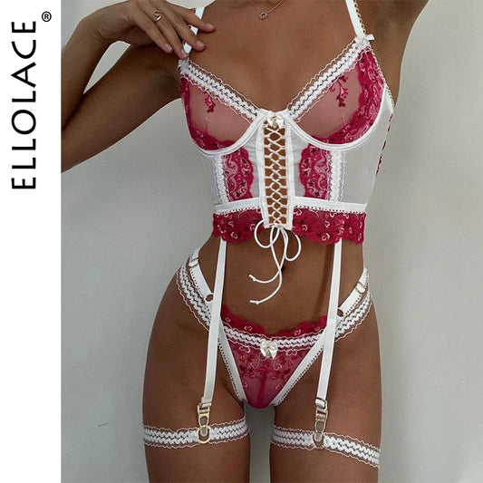 Ellolace Fancy Daring Lingerie Woman Delicate Luxury Intimate Lace Up Lace Youth Sexy Outfits Heart Valentine Exotic Sets