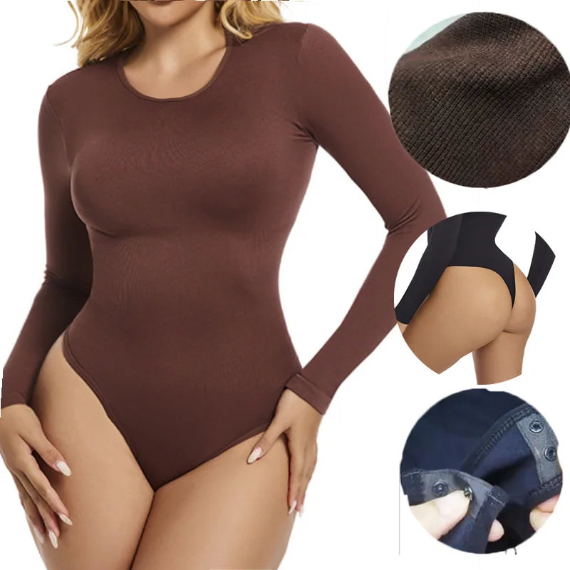 GUUDIA Long Sleeve Bodysuit Seamless Ribbed Tummy Control Bodysuit Crew Neck Basic Slim Fit Thong Shapewear Tops Fall Winter