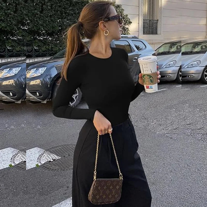 GUUDIA Long Sleeve Bodysuit Seamless Ribbed Tummy Control Bodysuit Crew Neck Basic Slim Fit Thong Shapewear Tops Fall Winter