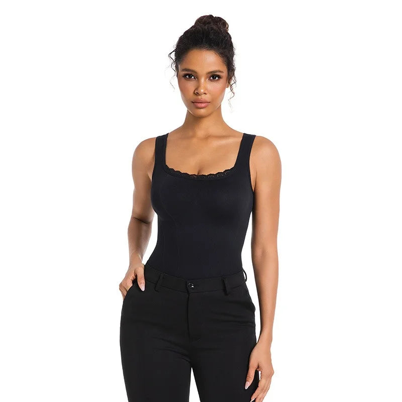 GUUDIA Tank Bodysuit Lace Square Neck Shapewear Bodysuit Tank Top Bodysuits Tummy Control Thong Cami Bodysuit Tops Wide Strap