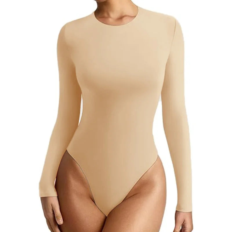 GUUDIA Long Sleeve Bodysuit Seamless Ribbed Tummy Control Bodysuit Crew Neck Basic Slim Fit Thong Shapewear Tops Fall Winter
