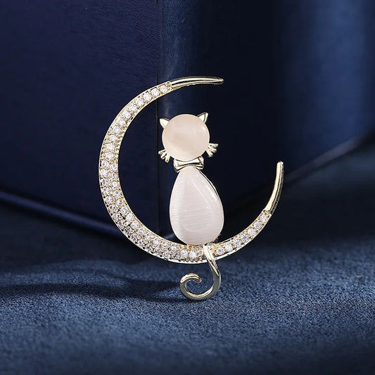 Unique Designer Moon Cat Brooches For Women Animal Rhinestone Brooch Pins Jewelry  Clothes Accessories Party Gifts
