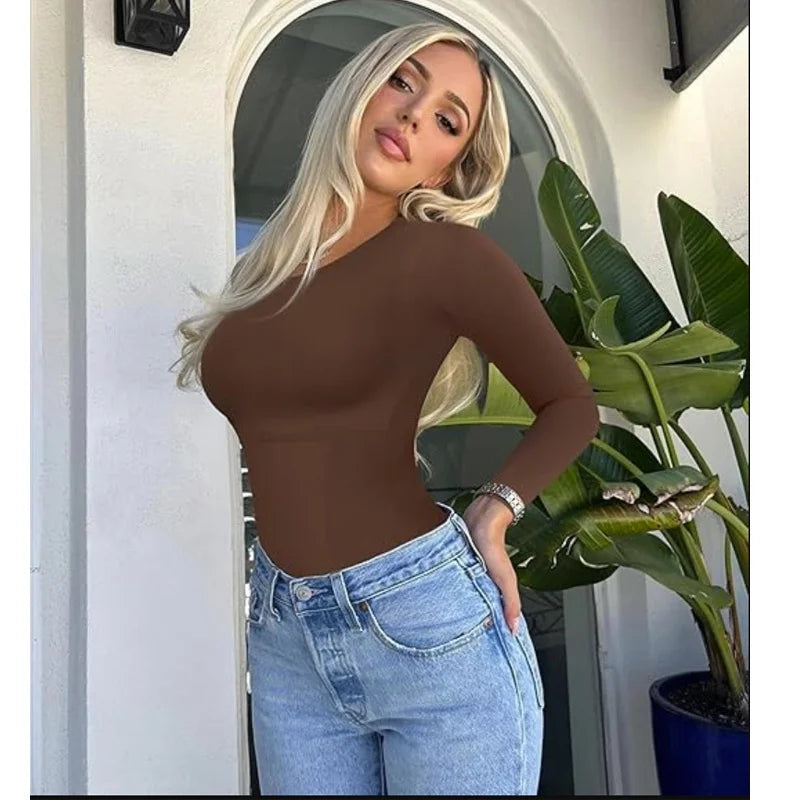 GUUDIA Long Sleeve Bodysuit Seamless Ribbed Tummy Control Bodysuit Crew Neck Basic Slim Fit Thong Shapewear Tops Fall Winter