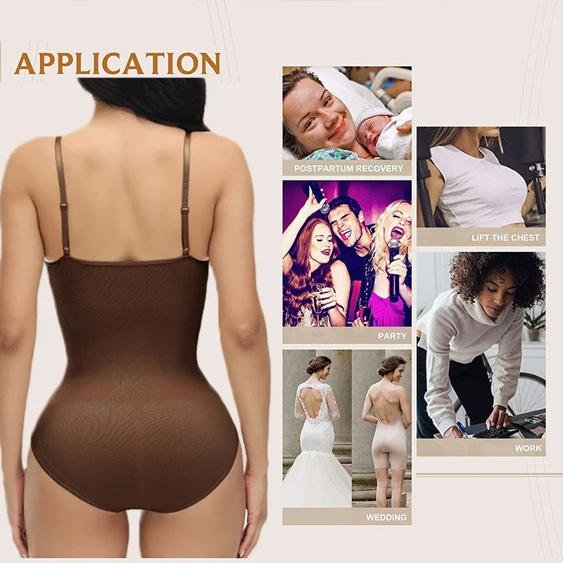 GUUDIA V Neck Spaghetti Strap Bodysuits Compression Body Suits Open Crotch Shapewear Slimming Body Shaper Smooth Out Bodysuit