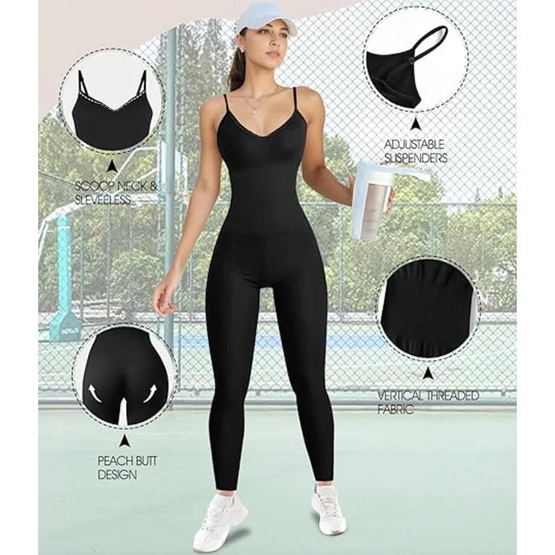 GUUDIA Adjustable Spaghetti Strap Yoga Jumpsuit Tummy Control Leggings Romper Seamless Jumpsuit Yoga Ribbed Bodycon One Piece