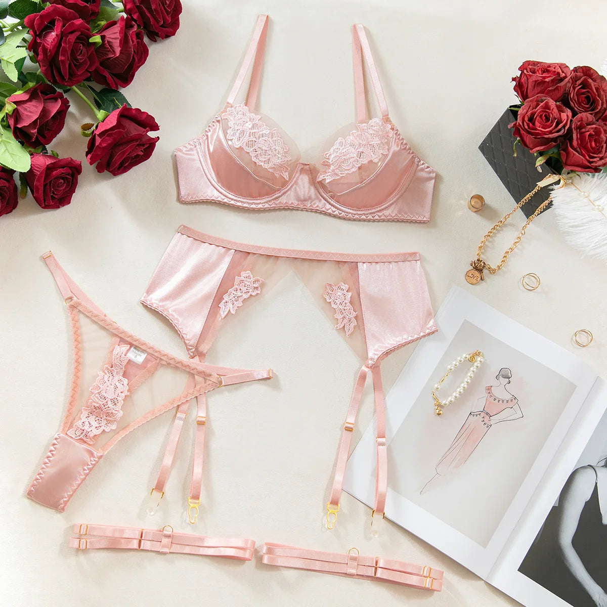 Ellolace Fancy Lingerie Floral Lace Ensemble Brazilian Underwear Attractive Chest Suspenders Sexy Hot Sissy Outfit