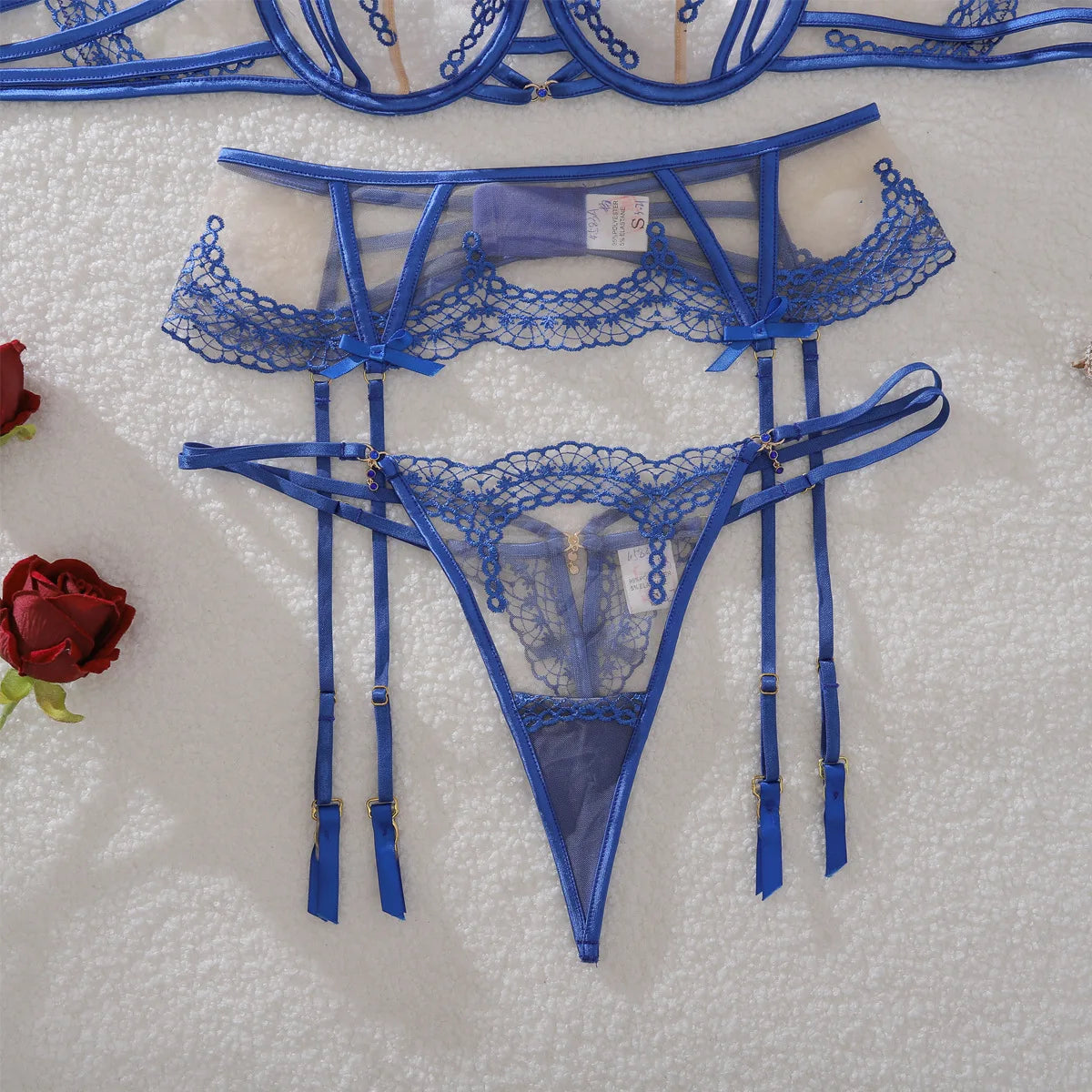 Ellolace 2025 Sexy Woman Underwear Premium Lingeries Sexy Hot Fantasy Bowknot Diamond Girl 3PCS Set Honey Embroidered Sheer Suit