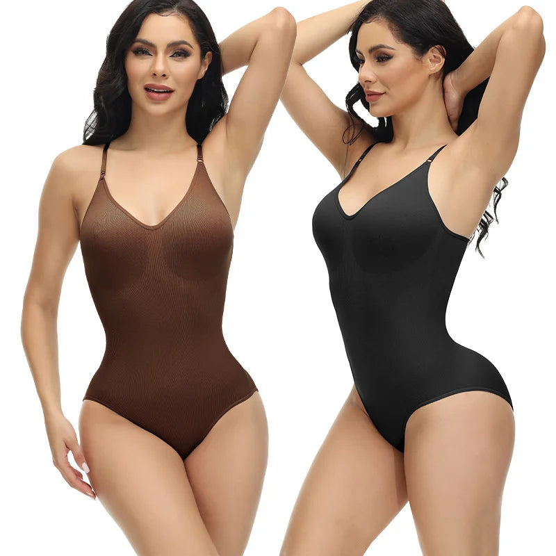 GUUDIA V Neck Spaghetti Strap Bodysuits Compression Body Suits Open Crotch Shapewear Slimming Body Shaper Smooth Out Bodysuit