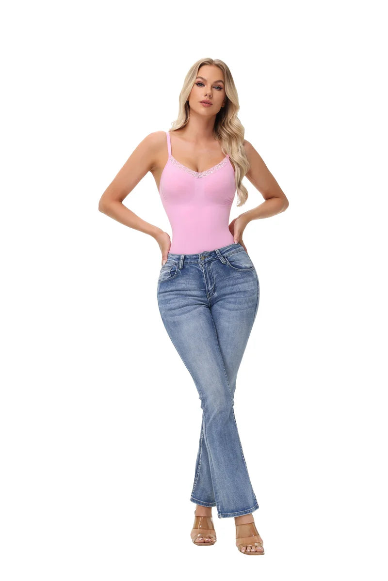 Guudia Lace Bodysuit Lace Tank Bodysuit Snap Button Crotch Spaghetti Strap Tank Top Camisole Cute Sleeveless V Neck Cami Top
