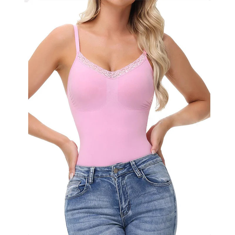 Guudia Lace Bodysuit Lace Tank Bodysuit Snap Button Crotch Spaghetti Strap Tank Top Camisole Cute Sleeveless V Neck Cami Top