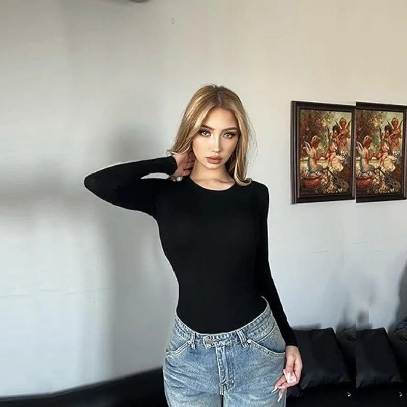 GUUDIA Long Sleeve Bodysuit Seamless Ribbed Tummy Control Bodysuit Crew Neck Basic Slim Fit Thong Shapewear Tops Fall Winter
