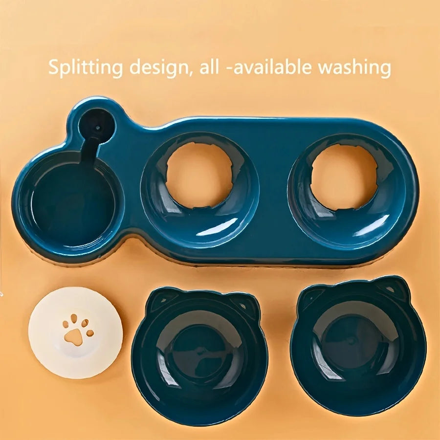 Pet bowls with water supply, 3-in-1 ear design, tilted cat water and food bowl set with gravity water bottle for neck protection