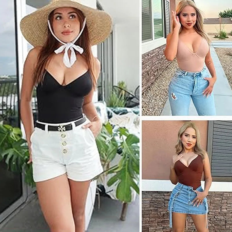 GUUDIA Sexy V Neck Bodysuit Thong Tummy Control Bodysuit Seamless Ribbed Bodysuit 2 Shoulder Straps Basic Tank Top Bodysuits