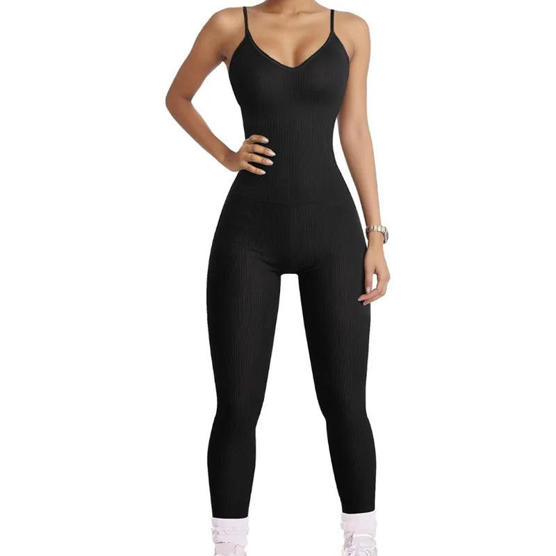 GUUDIA Adjustable Spaghetti Strap Yoga Jumpsuit Tummy Control Leggings Romper Seamless Jumpsuit Yoga Ribbed Bodycon One Piece