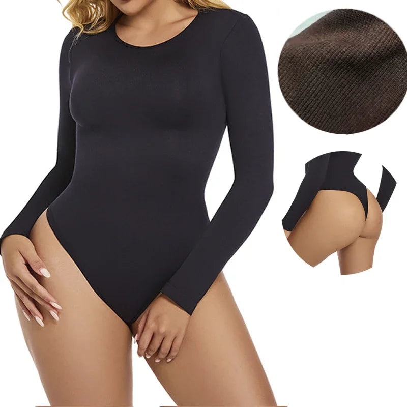 GUUDIA Long Sleeve Bodysuit Seamless Ribbed Tummy Control Bodysuit Crew Neck Basic Slim Fit Thong Shapewear Tops Fall Winter