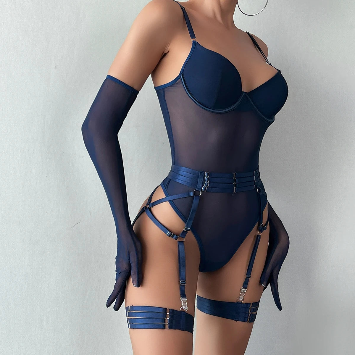 Ellolace Tight Fitting Lace Bodysuit Sexy See Through Erotic Body With Gloves Garter Night Club Outfit Sissy Crotchless Mesh Top